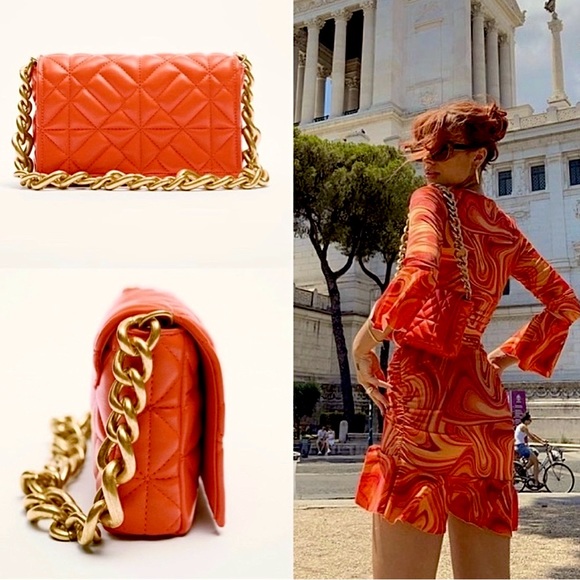 Zara Handbags - BRAND NEW - ZARA Quilted Chain Strap Shoulder Bag (Deep Red/Orange)
